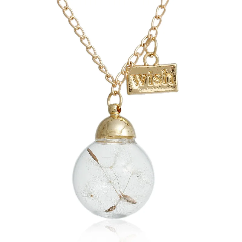 Ladies necklaces fabric wrap necklaces-"Wish" Dandelion Clear Glass Ball Pendant Necklace Gold Tone Link Curb Chain Make a wish