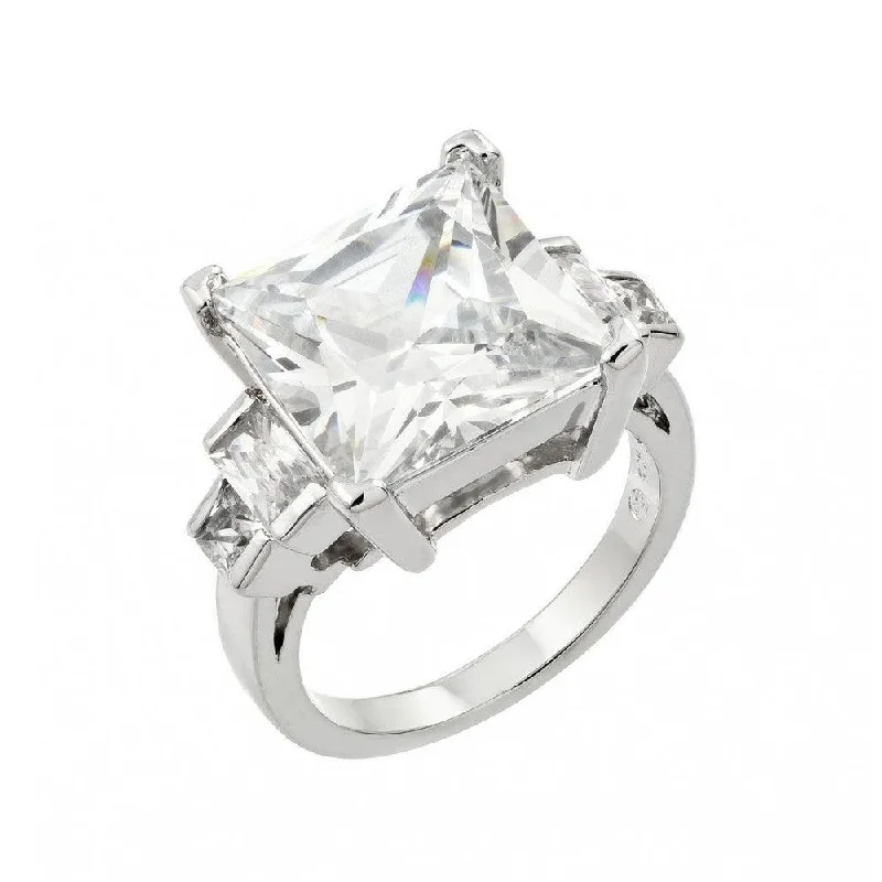 ladies ring bold gold-Silver 925 Rhodium Plated Large Clear Square CZ Ring - BGR00847