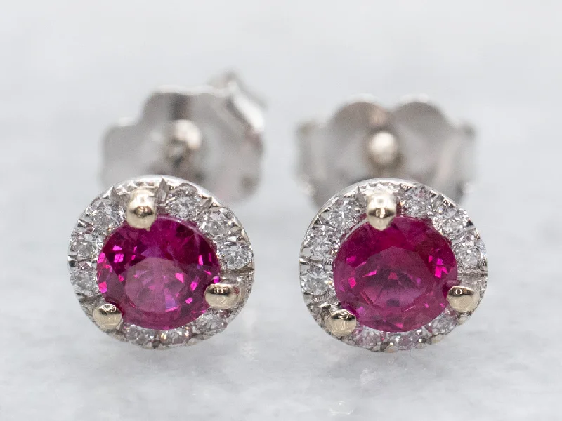 ladies earrings gothic platinum-Ruby Stud Earrings with Diamond Halo