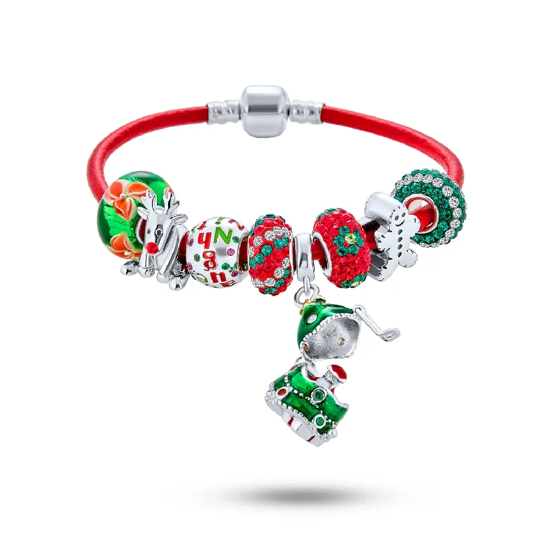 Ladies bracelets petite charm designs-Secret SANTA Charm Bracelet with Locket Bead & Holiday Reindeer Gingerbread Man