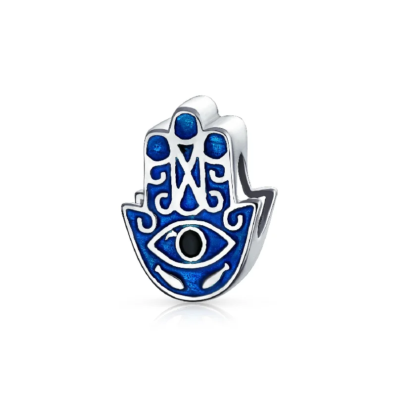 Ladies bracelets eye-catching designs-Blue Hamsa Hand Evil Eye Good Luck Charm Bead in Sterling Silver for Bracelets