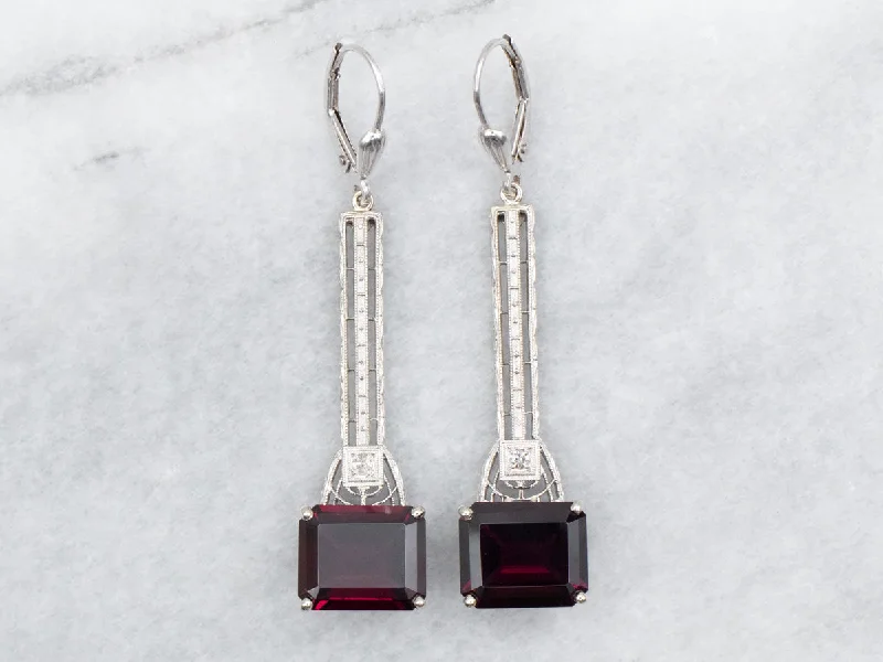 ladies earrings nickel free-East to West Rhodolite Garnet and Diamond Drop Earrings