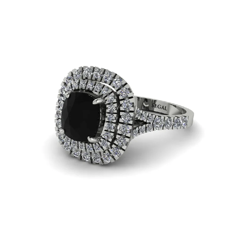 ladies engagement ring colored stones-Black Diamond Double Halo Cushion Cut Engagement Ring - Courtney No. 9