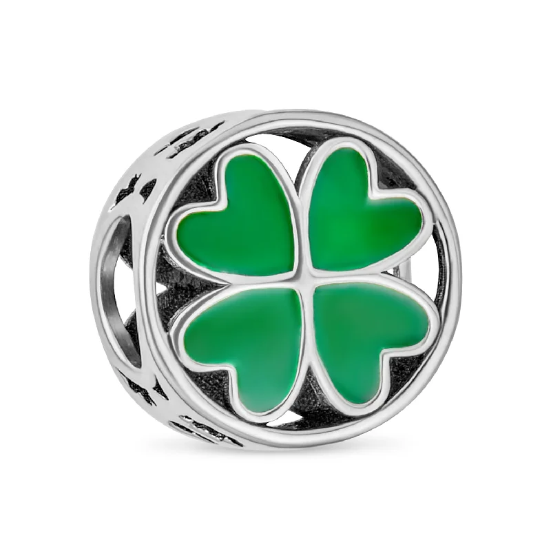 Ladies bracelets raised detail styles-Good Luck Irish Shamrock Green Heart Clover Charm Bead for European Bracelet