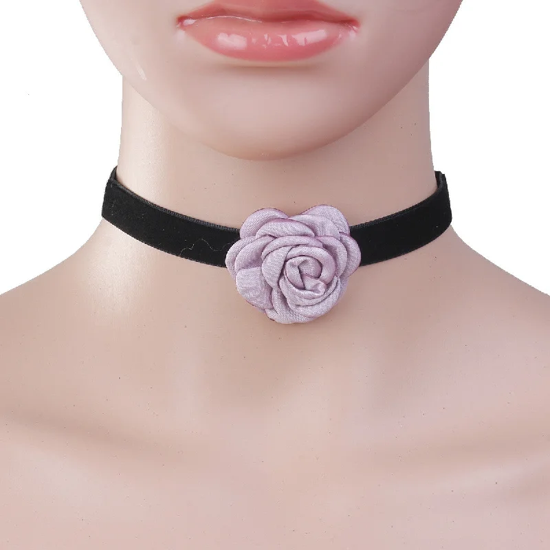 Ladies necklaces ceramic crafted designs-Sexy Sparkles New Style Black Choker Mauve Flower Necklace