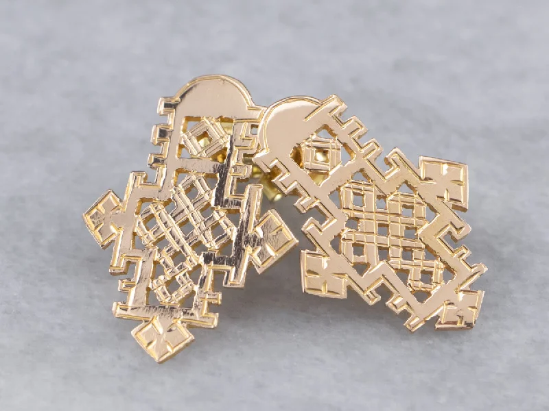 ladies earrings trendy-Etched Gold Ethiopian Cross Stud Earrings