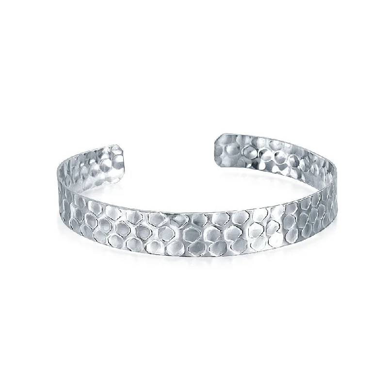 Ladies bracelets sunken gem designs-Wide Textured Honeycomb Cuff Bracelet Stackable Hammered Matte Sterling Silver