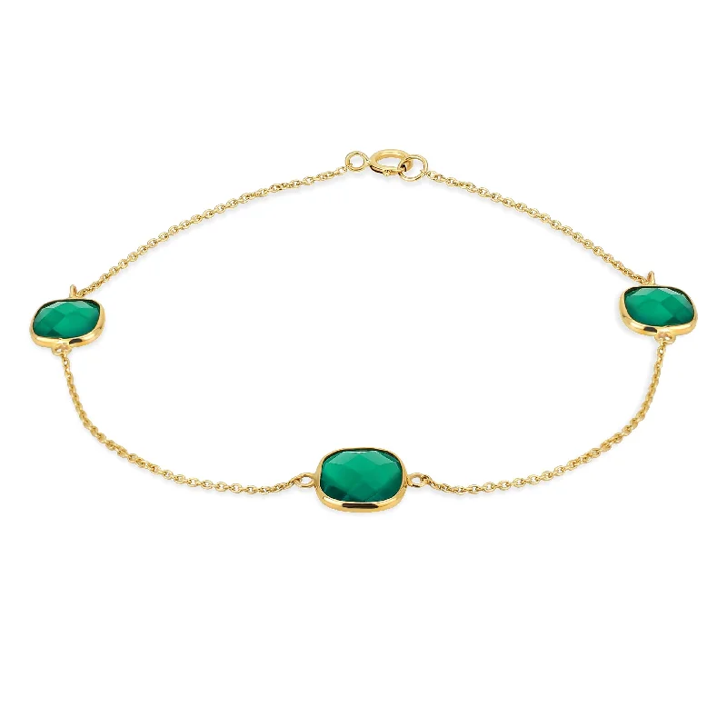 Ladies bracelets custom engraving options-Delicate 10K Yellow Gold Chain Link Bracelet with Green Onyx Briolette