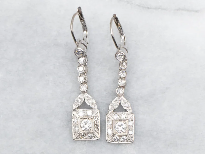 ladies earrings abstract platinum-Diamond Square Shaped Drop Earrings