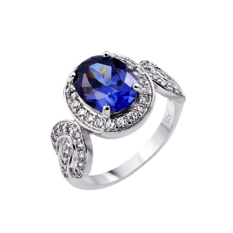 ladies ring minimalist gold-Silver 925 Rhodium Plated Blue Center and Clear Inlay CZ Bridal Ring - BGR00788