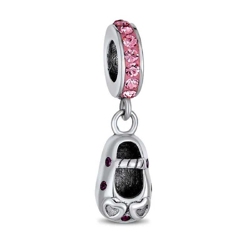 Ladies bracelets brushed texture designs-Pink Crystal Heart Shoe Dangle Charm Bead for New Moms Sterling Silver Bracelet