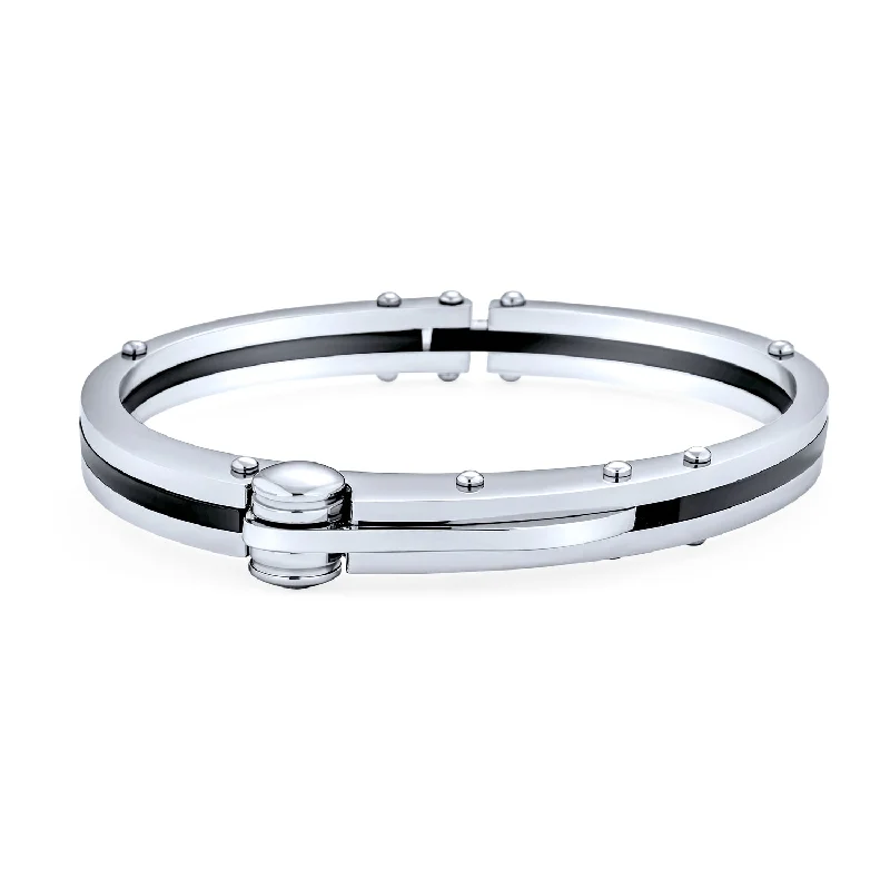 Ladies bracelets super wide designs-Biker Handcuff Bracelet for Men Black Silver Tone Stainless Steel 8 Inch Clasp