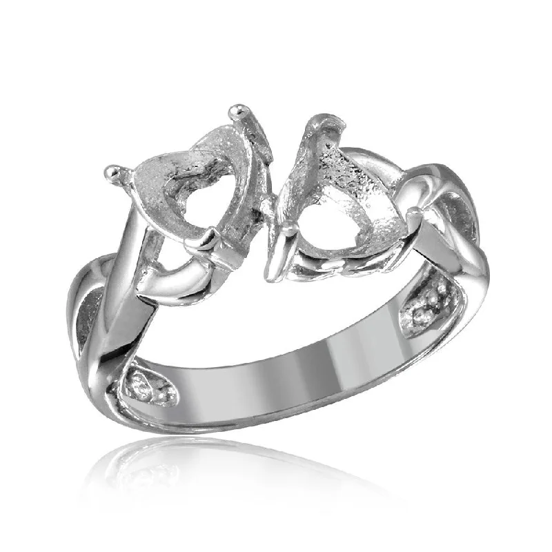 ladies ring one of a kind-Silver 925 Rhodium Plated Double Heart  Mounting Twisted Shank Ring - BGR01219