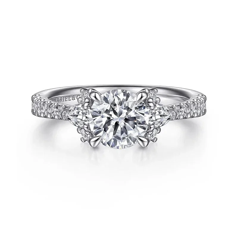 ladies engagement ring white gold halo-Ami - 14K White Gold Round Three Stone Diamond Engagement Ring (Setting Only)