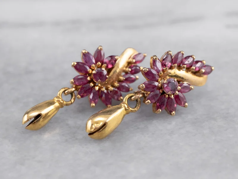 ladies earrings stud rose gold-Vintage Ruby Gold Drop Statement Earrings