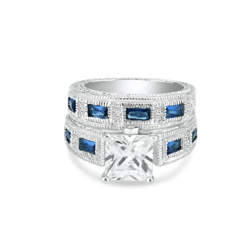 ladies ring turquoise silver-Silver 925 Rhodium Plated Blue Baguette and Clear CZ Ornate Ring - STR00482