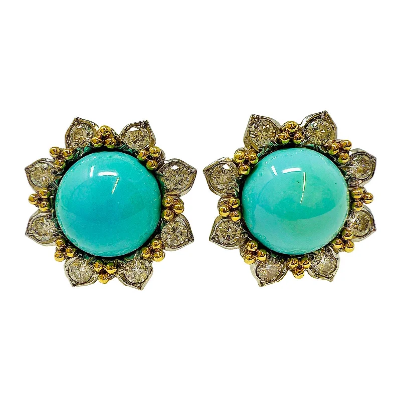 ladies earrings best silver-18K Gold Round Clip-on Earrings with Turquoise and Diamonds