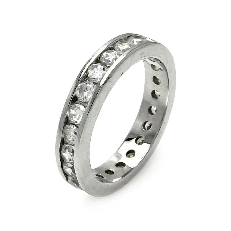 ladies ring minimalist gold-Silver 925 Rhodium Plated Channel Set CZ Stackable Eternity Ring - STR00123