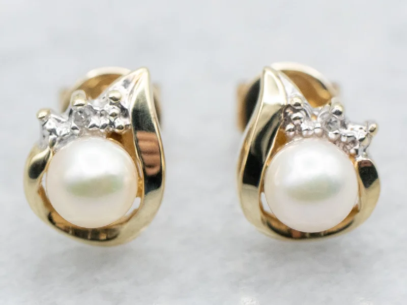 ladies earrings handmade-Saltwater Pearl and Diamond Stud Earrings