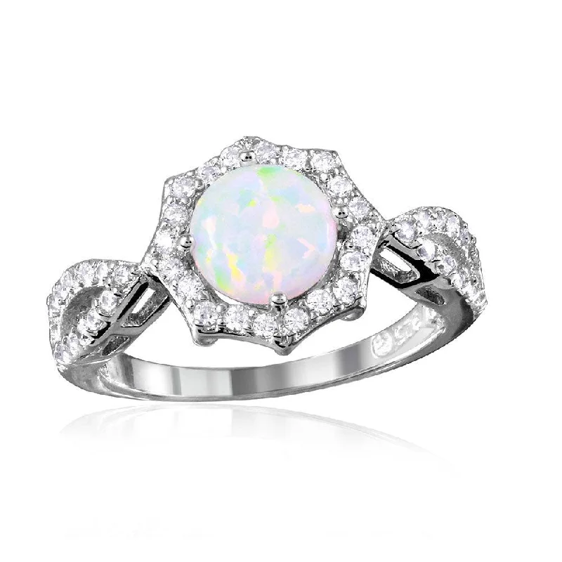 ladies ring christmas gift-Silver 925 Rhodium Plated Synthetic Opal Halo CZ Ring - BGR01054