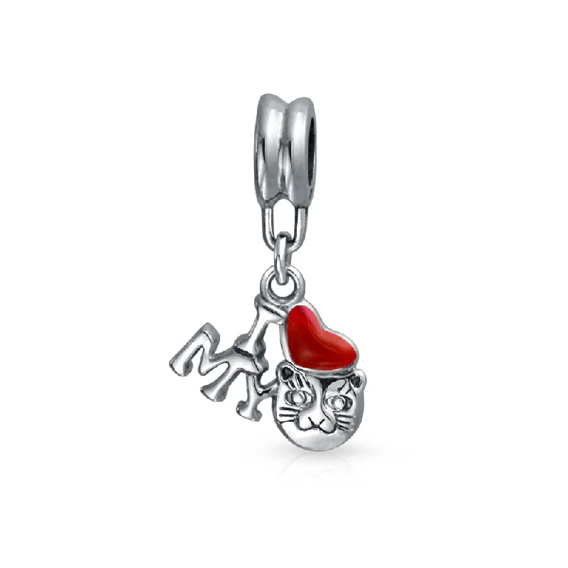 Ladies bracelets hypoallergenic materials-Kitten Pet Red Heart 'I Love My Cat' Dangle Charm Bead for European Bracelet