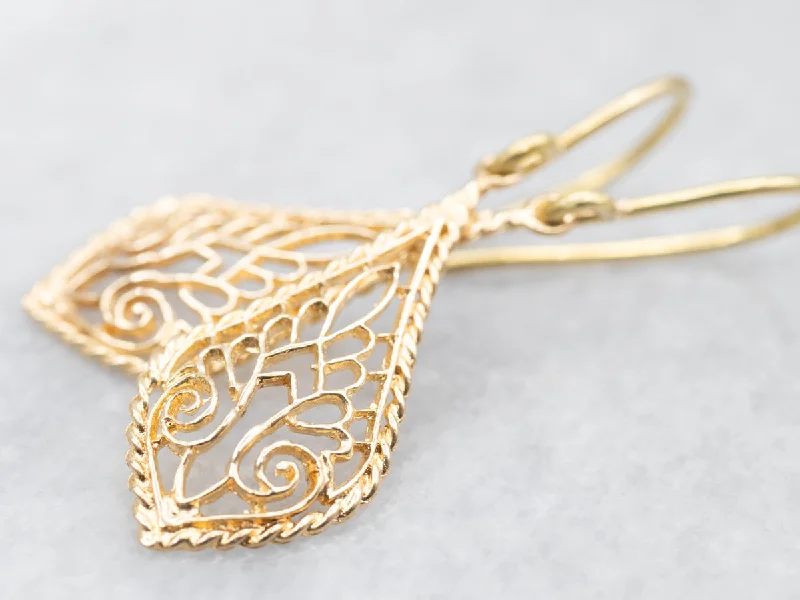 ladies earrings tropical gold-Yellow Gold Filigree Drop Earrings