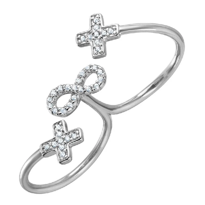 ladies ring wide band-Silver 925 Rhodium Plated Crosses and Infinity CZ Two-Finger Open Ring - BGR00999