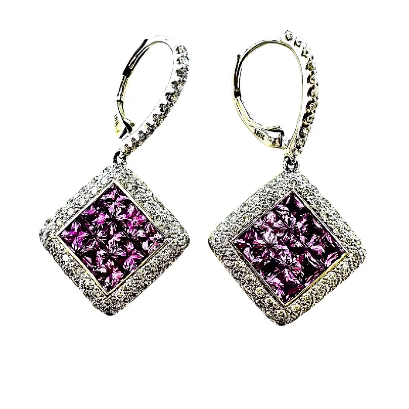 ladies earrings zirconia-18K White Gold Pink Sapphire and Diamond Drop Earrings