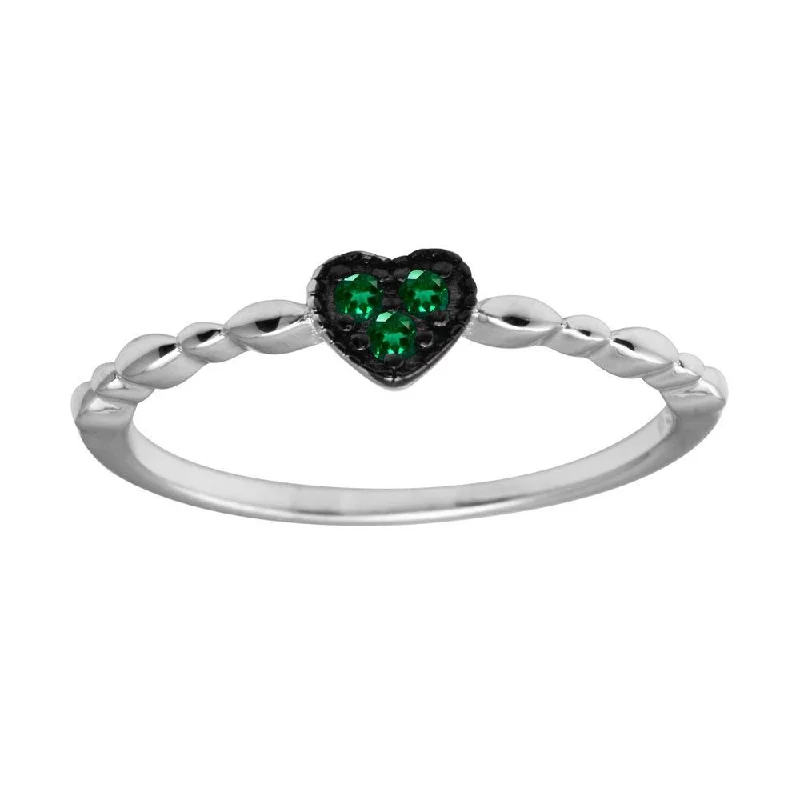 ladies ring large size-Rhodium Plated 925 Sterling Silver Heart 3 Green CZ Ring - BGR01227GRN