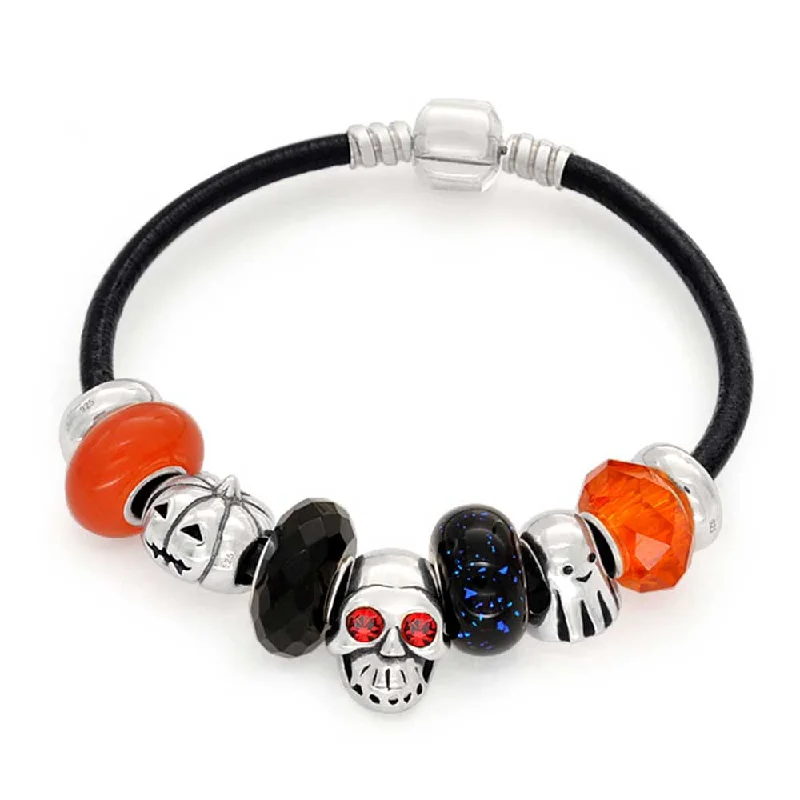 Ladies bracelets rounded edge designs-Halloween Skull Ghost Pumpkin Charm Leather Bracelet Sterling Silver