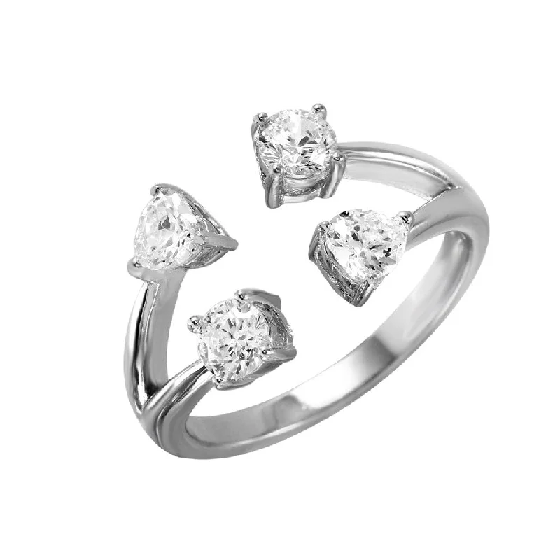 ladies ring stacking-Silver 925 Rhodium Plated 4 Ends Open Ring with CZ Accents Caps - BGR00985