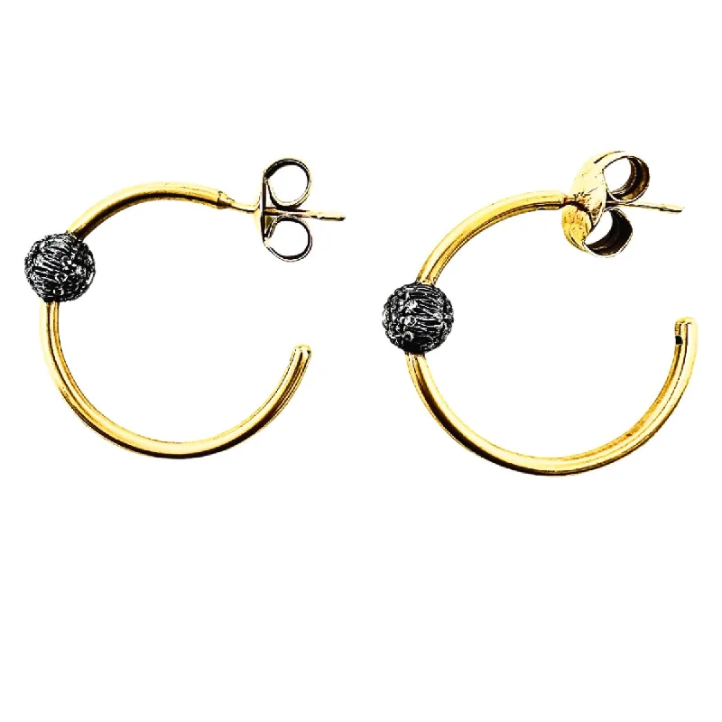 ladies earrings eco-friendly-Silver and 18K Gold Hoop Earrings with Pave Diamond Ball