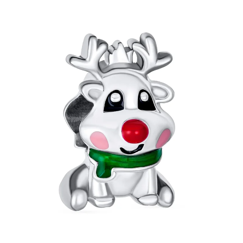 Ladies bracelets wood inlay bracelets-Rudolph Red Nose Reindeer Christmas Charm Bead for European Bracelets Sterling Silver