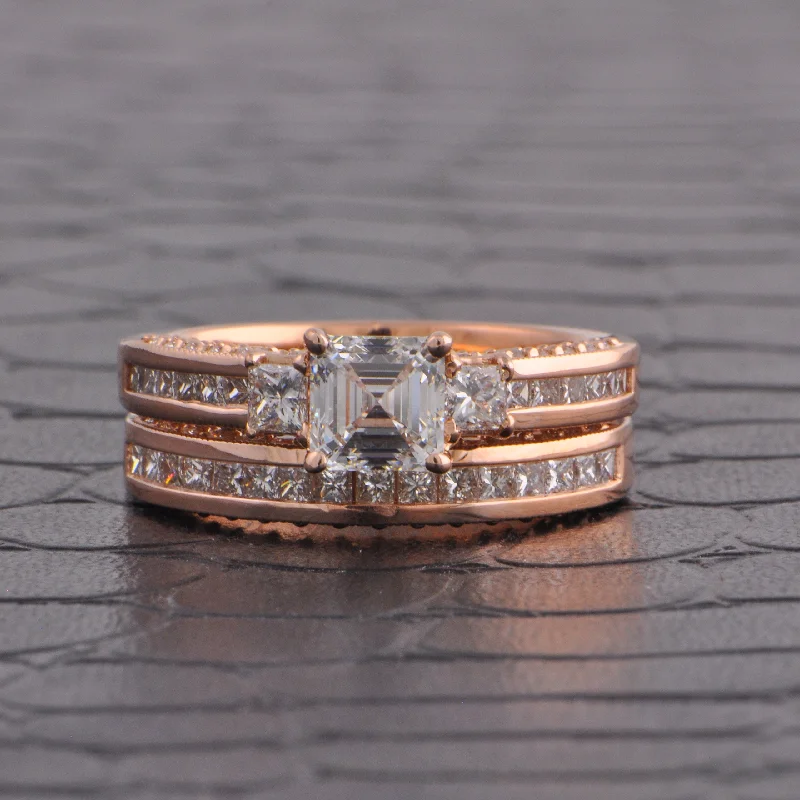 ladies engagement ring modern-Asscher Cut Diamond Engagement Ring and Wedding Band in Rose GOld