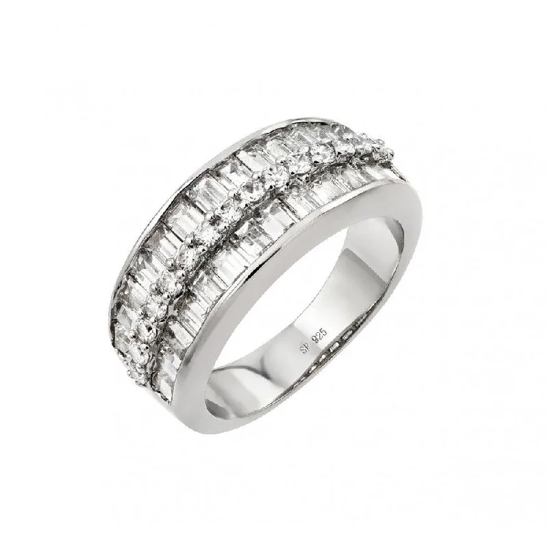 ladies ring slim gold-Silver 925 Rhodium Plated Clear Baguette CZ Channel Ring - STR00956