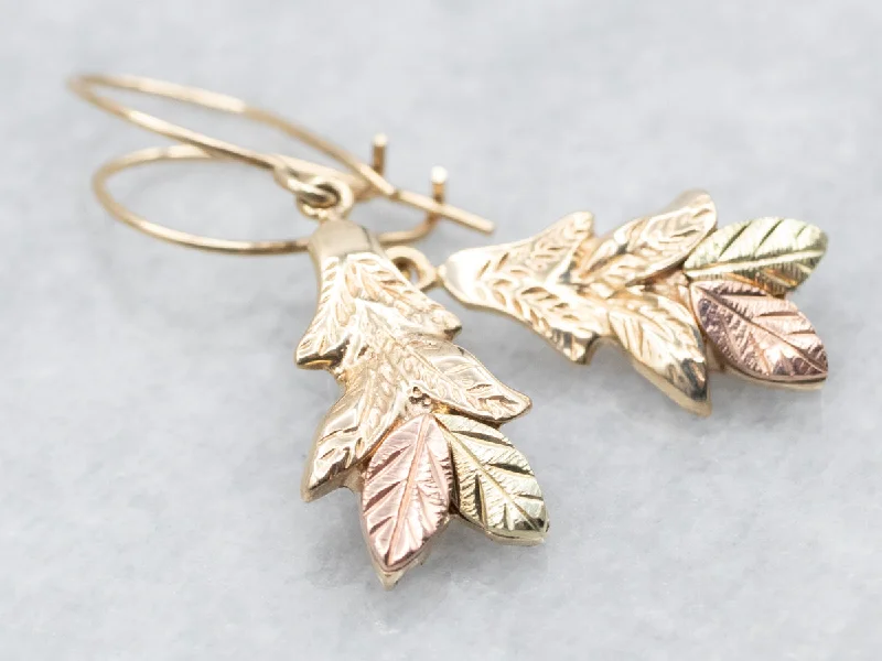 ladies earrings asymmetrical-Tri Color Botanical Gold Drop Earrings