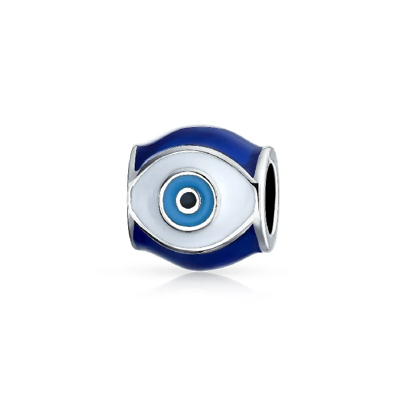 Ladies bracelets tight fit cuffs-Blue Enamel Evil Eye Charm Bead Amulet for Good Luck Sterling Silver Bracelet