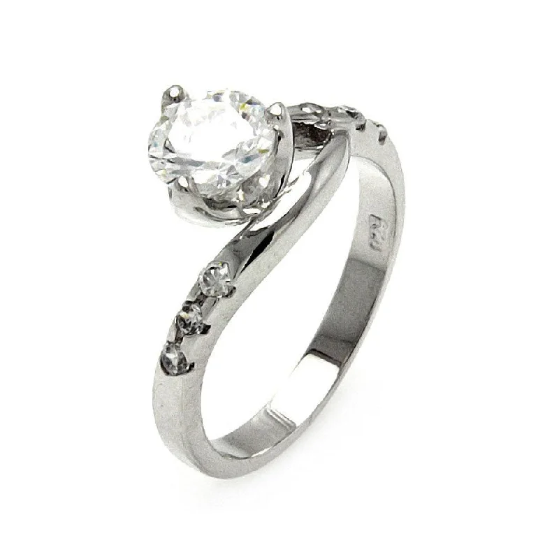 ladies ring layered-Silver 925 Rhodium Plated Clear Round Center CZ Twist Bridal Ring - BGR00557