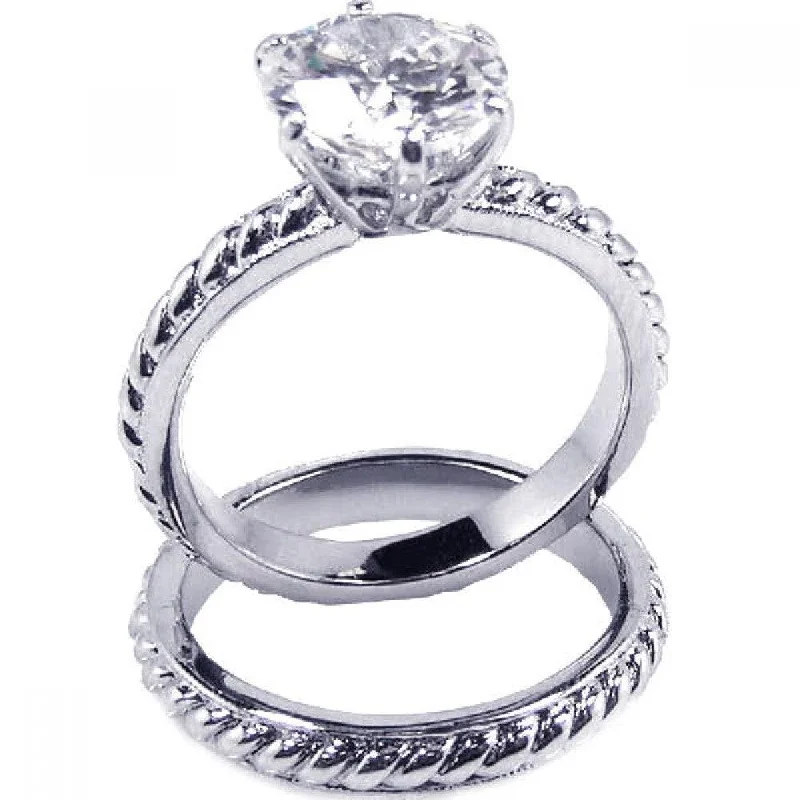 ladies ring mixed metals-Silver 925 Rhodium Plated Clear Solitaire CZ Rope Bridal Ring Set - BGR00089