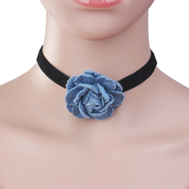 Ladies necklaces rose-cut diamond styles-Sexy Sparkles New Style Black Choker Necklace with  Blue Flower