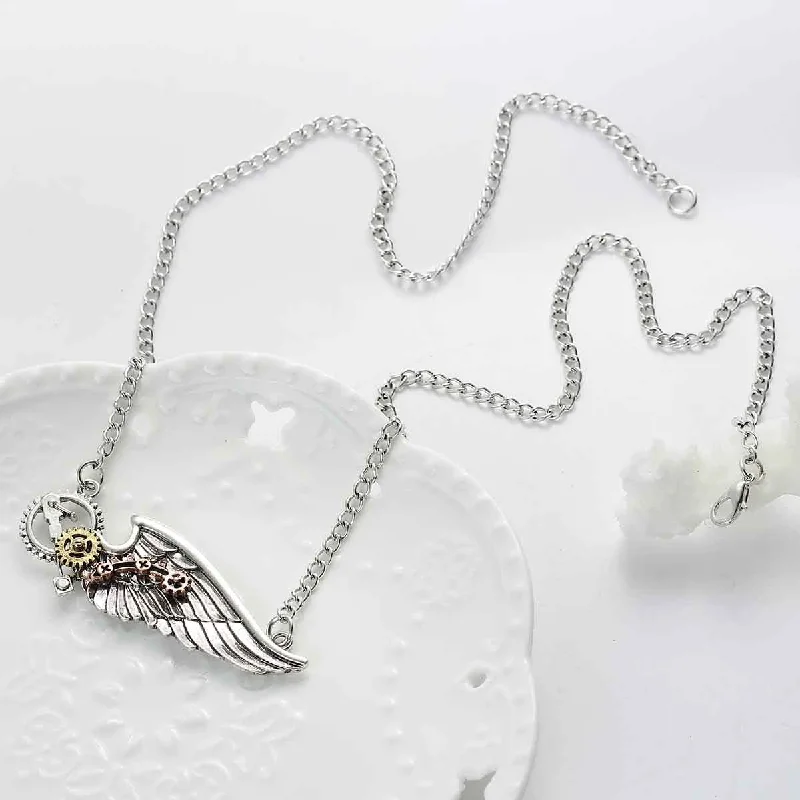 Ladies necklaces office-friendly elegance-SEXY SPARKLES Steampunk Necklace Link Curb Chain Antique Silver Wing Gear For Women