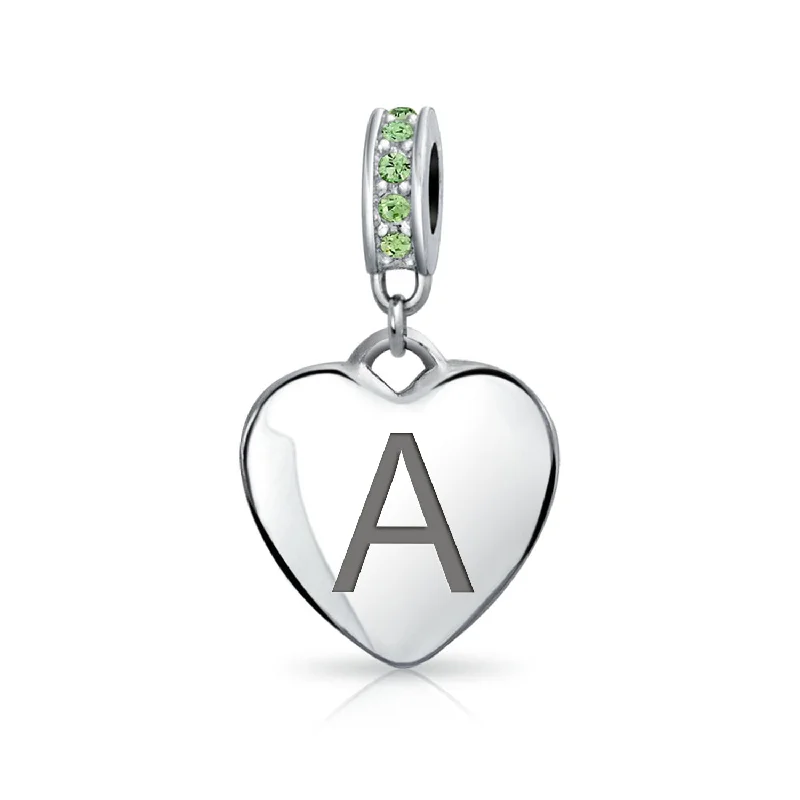 Ladies bracelets understated elegance designs-Initial Alphabet Bead Charm Light Green Crystal Heart Sterling Silver Bracelet