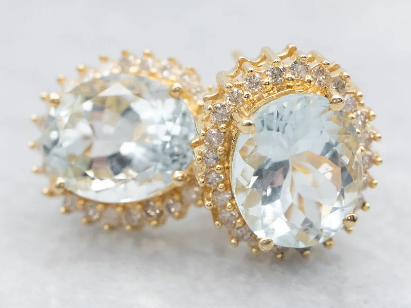 ladies earrings edwardian-Aquamarine and Diamond Halo Stud Earrings