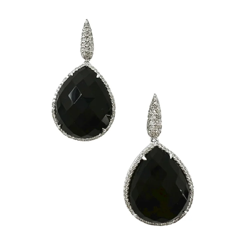 ladies earrings feather gold-14K White Gold Drop Earrings with Teardrop Shaped Onyx and Diamonds