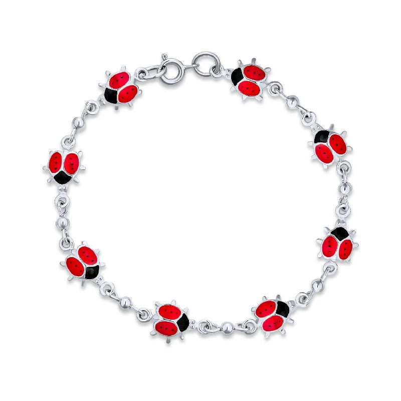 Ladies bracelets rose gold stackable styles-Good Luck Chain Link Bracelet with Red Ladybugs Charms Sterling Silver 7-7.5 Inch