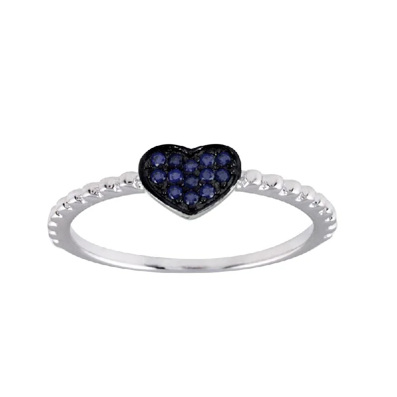 ladies ring blue sapphire-Rhodium Plated 925 Sterling Silver Beaded Heart Blue CZ Ring - BGR01245BLU