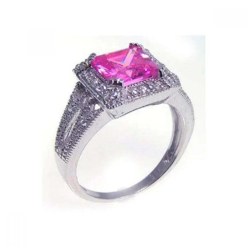 ladies ring best deals-Silver 925 Rhodium Plated Princess Cut Pink and Clear Cluster CZ Ring - STR00534