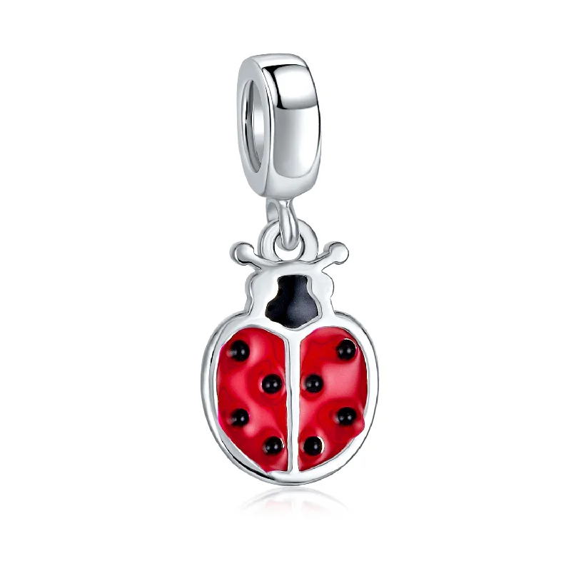 Ladies bracelets worldwide fashion appeal-Personalized Red Ladybug Dangle Charm Bead in Sterling Silver for European Bracelets