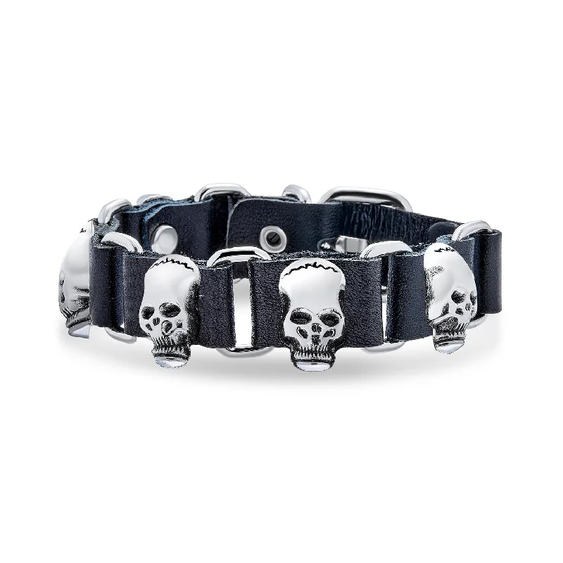 Ladies bracelets vibrant shade designs-Biker Chain Link Bracelet Skull Heads Black Leather Studded Cuff for Men s