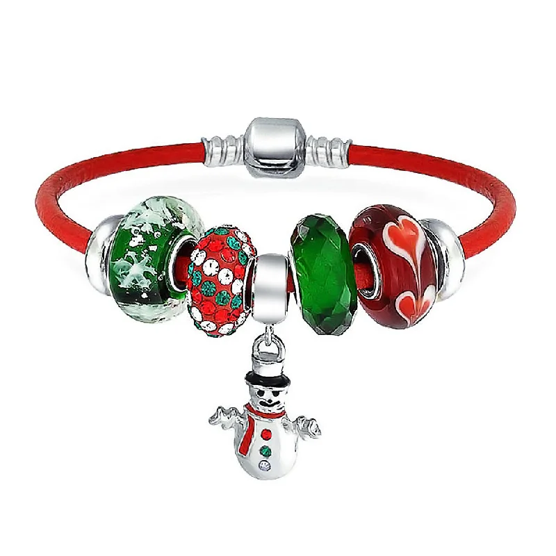 Ladies bracelets beaded accent designs-Christmas Snowman Charm Bracelet Red Leather with Sterling Silver Clasp